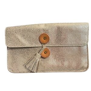 Anthropologie Albright Snakeskin Print Metallic Clutch with Tassel Blue Interior